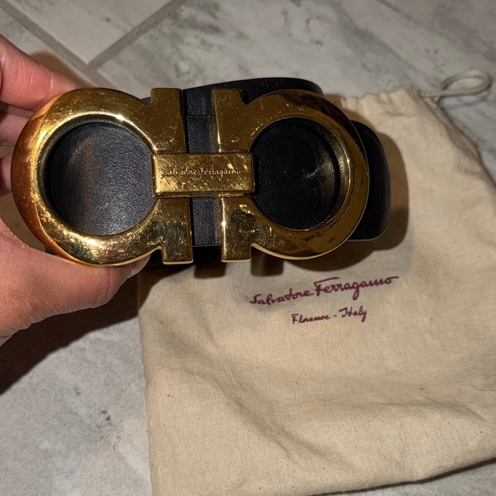 Salvatore Ferragamo Black Belt with Gold Buckle